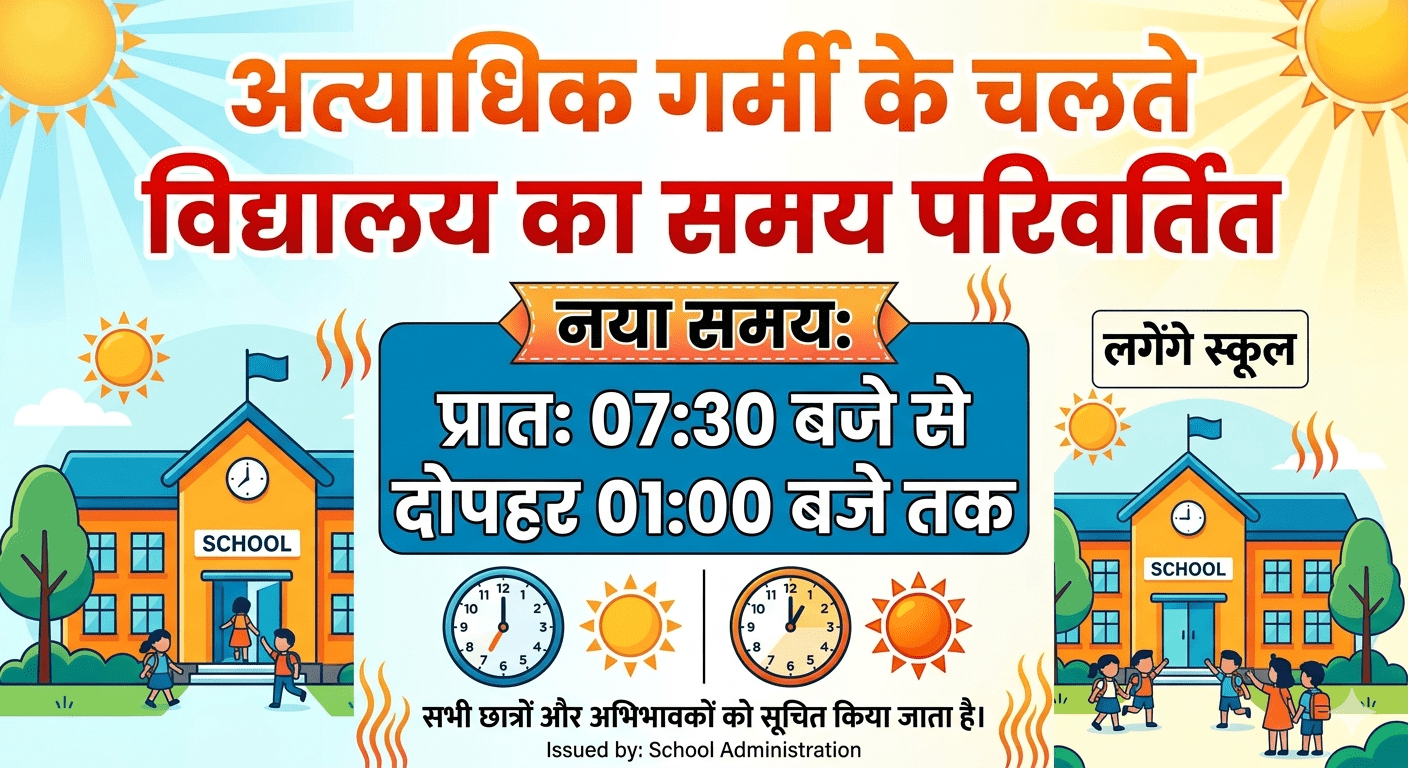 अत्याधिक गर्मी के चलते विद्यालय का समय परिवर्तित  प्रातः 07:30 बजे से दोपहर 01:00 बजे तक लगेंगे स्कूल   